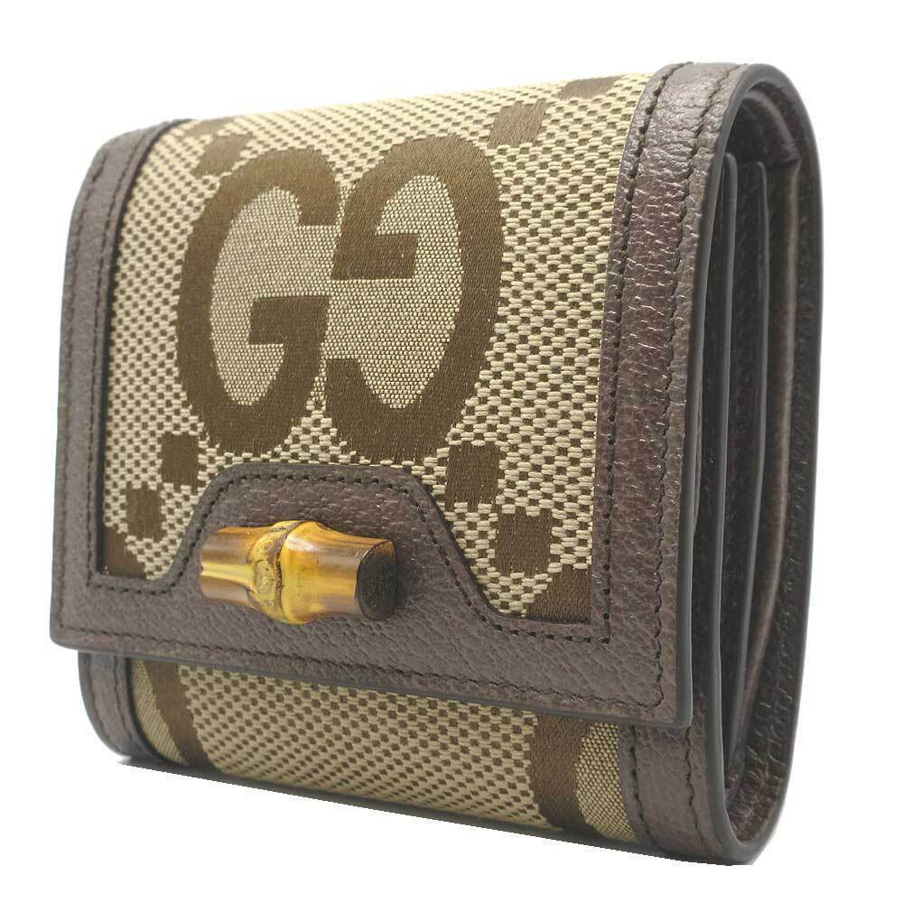 Gucci Diana Jumbo GG Bifold Wallet Canvas Bamboo Beige Tan Brown Line